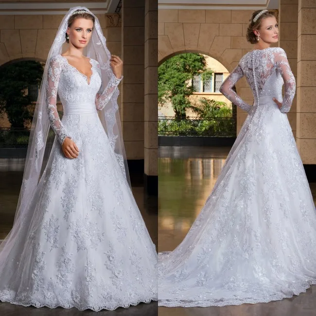 

Romantic Rushed New Custom Made Vestido De Noiva 2016 A-line See Through Back Long Sleeve Wedding Dresses Vestidos Noivas Sexy
