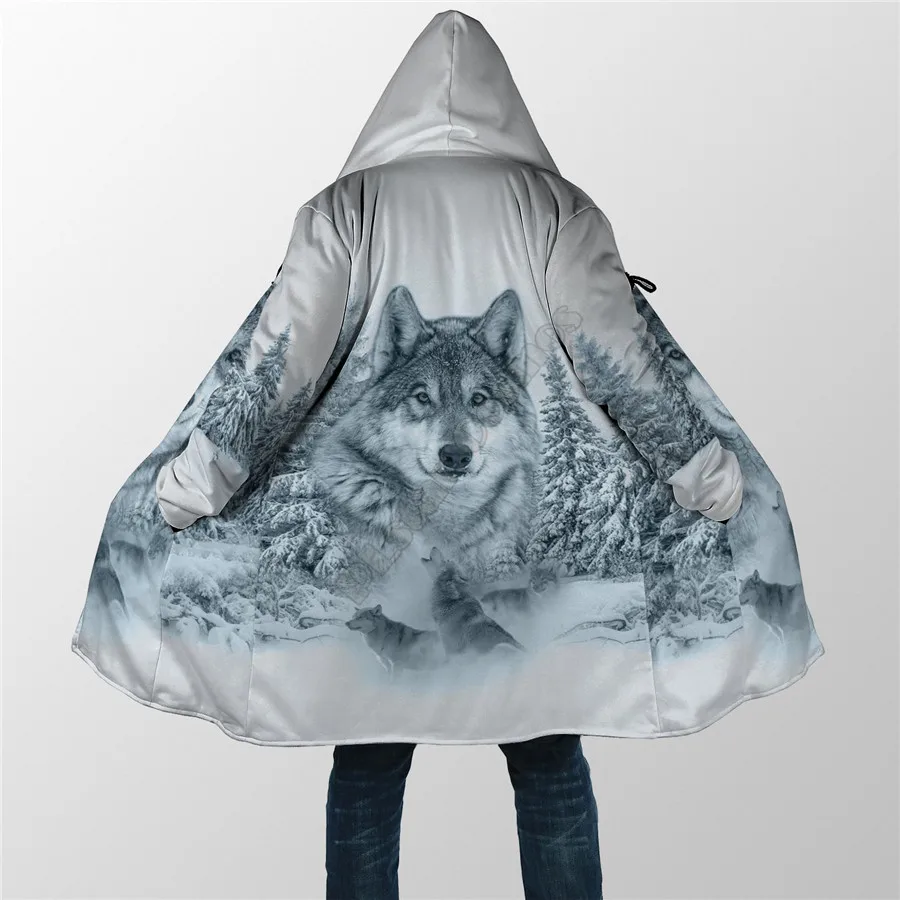 

Winter Men For Women Hooded Cloak Beautifull White Wolf 3D All Over Prined Fleece wind breaker Warm Hood cloak