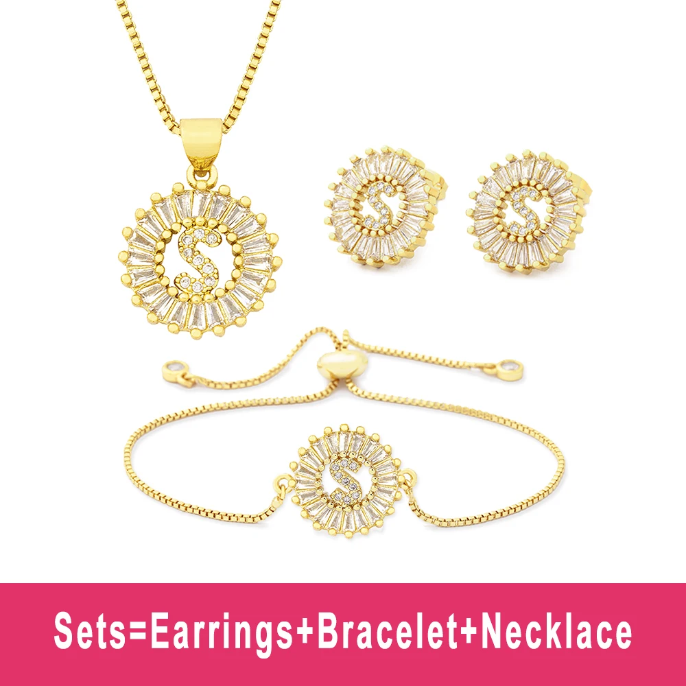 Hot Sale 26 Letters Jewelry Sets Necklace+Earrings+Bracelet For Women Initial Alphabet Charm Copper Zircon Party Wedding Gift