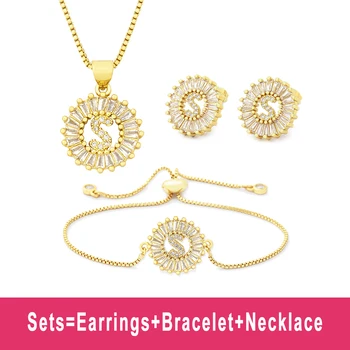Hot Sale 26 Letters Jewelry Sets Necklace+Earrings+Bracelet For Women Initial Alphabet Charm Copper Zircon Party Wedding Gift