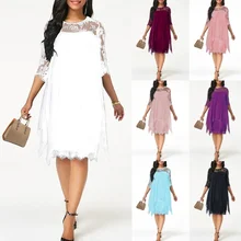 Летнее элегантное женское кружевное платье большого размера с рукавом средней длины, свободное шифоновое платье с круглым вырезом, Женское Платье До Колена, 15 цветов