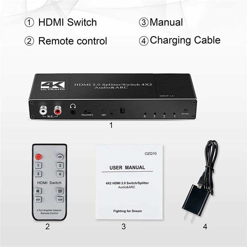 HDMI переключатель с пультом дистанционного управления 4K 60Hz коммутатор 4x2