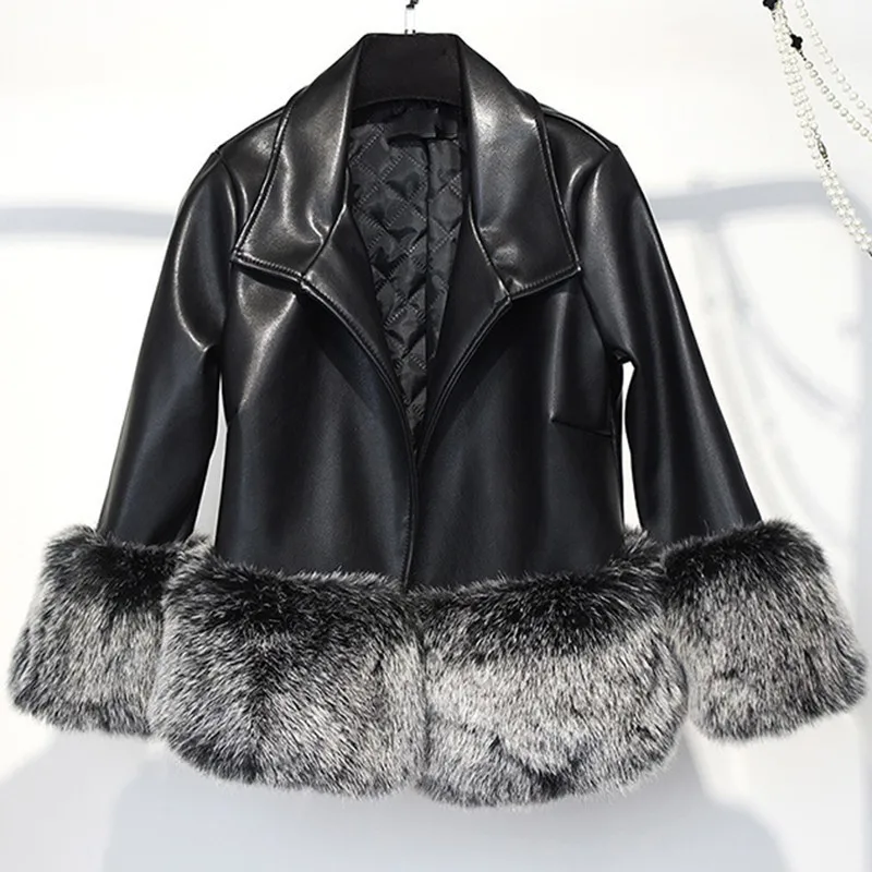 CHICEVER искусственный Лисий мех лоскутное искусственная кожа куртки для женщин с длинным рукавом короткая куртка женская модная одежда зима - Color: black