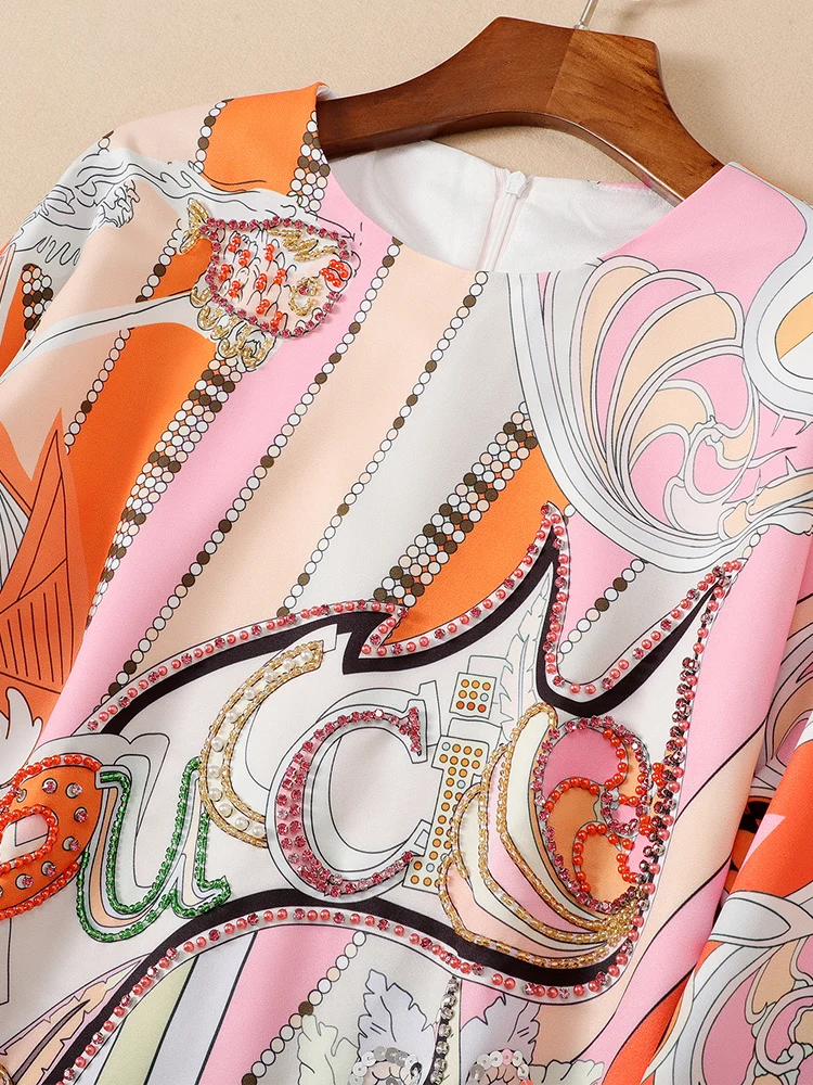 Ziwwshaoyu New Autumn Geometric Print Loose Dress Women's Fashion Half Sleeve Crystal Beading luxury Dresses