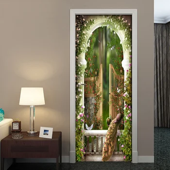 

3D Door Sticker PVC Self-adhesive Wall Sticker Garden Stone Door Roman Column Peacock 3D Wallpaper Living Room Door Decor Decals