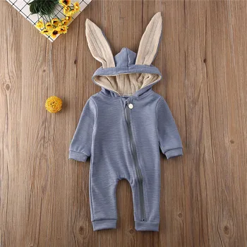 

0-24M Toddler Baby Boys Girls Rabbit Ears Romper Long Sleeve Solid Hooded Jumpsuit Outfit Autumn Clothes