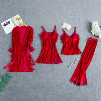 

Pajamas Suit Velour V-neck Sexy Women Sleepwear Casual Sleep Set Home Clothes Long Sleeve Soft Pijamas Female Nightwear Negligee