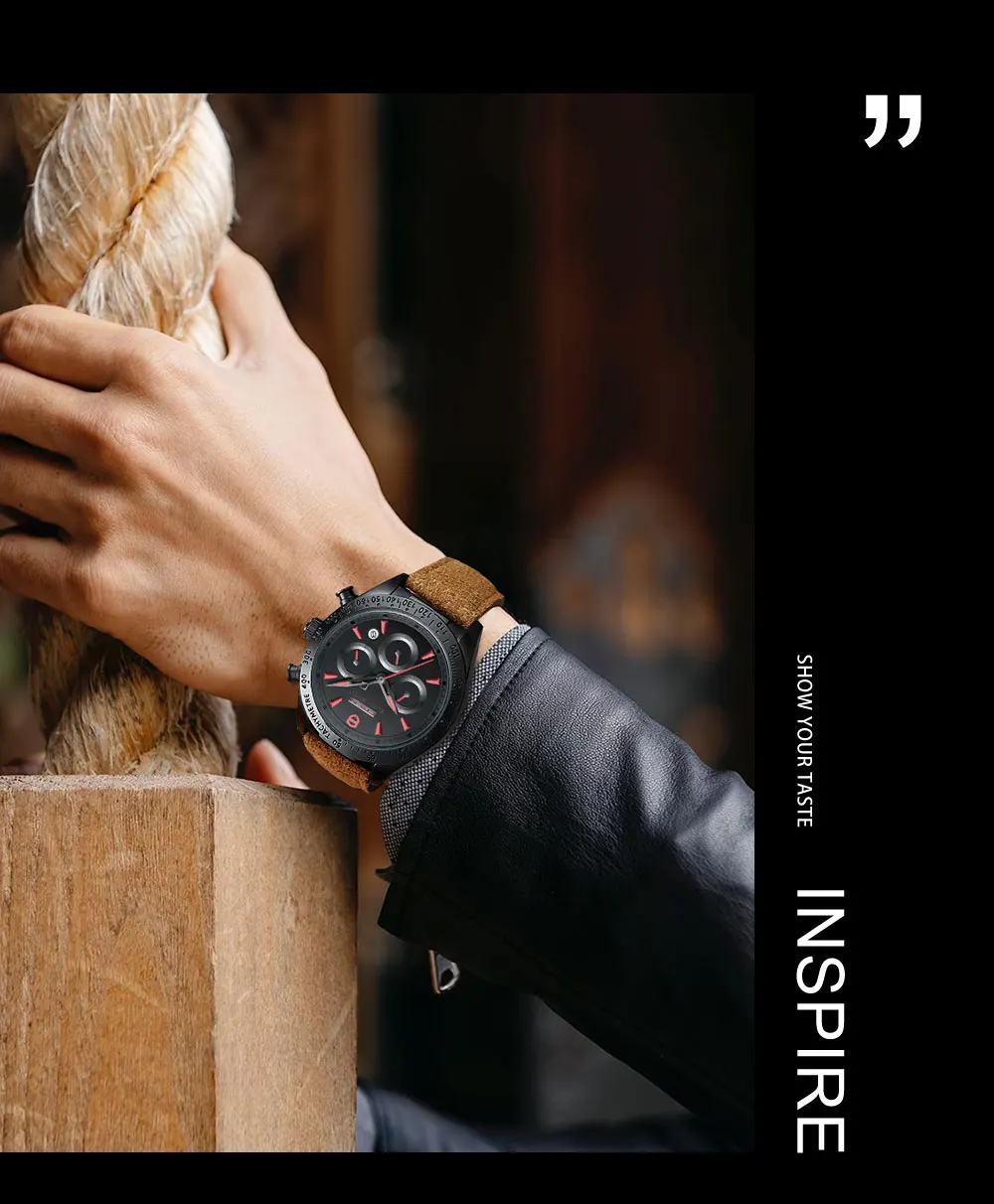 2022 Ever Move Men's Sports Chronograph  Luxury Literal Business Style Multifunctional Leather Real Nail Quartz Watch