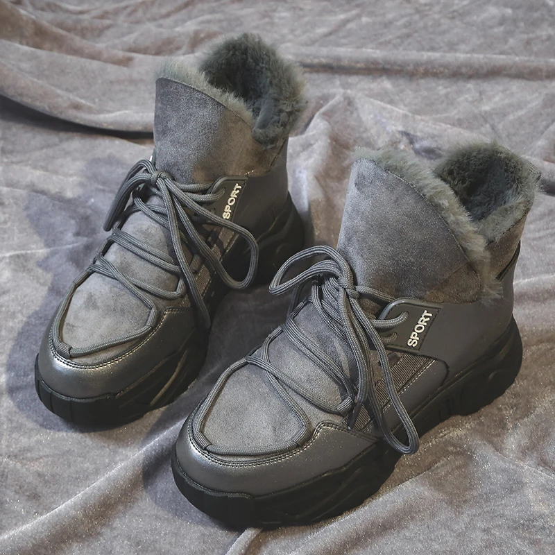 Cotton Shoes Female New Women's Boots Winter Plus Velvet Cotton Shoes Thick-Soled Warm Sneakers Snow Boots Women's Cotton Boots - Цвет: Серый