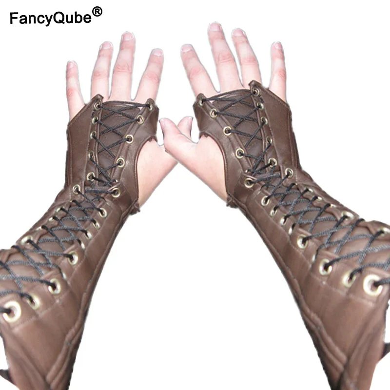 Leather Bracer Fingerless Long Gloves Lace Up Cuffs Medieval Armor