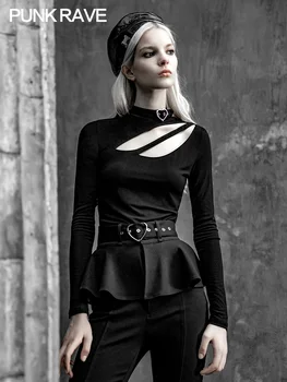 

PUNKRAVE Women's Gothic Sexy Slim Hollow Out Black Long Sleeve T-shirt Asymmetric Shoulder Daily Casual Top