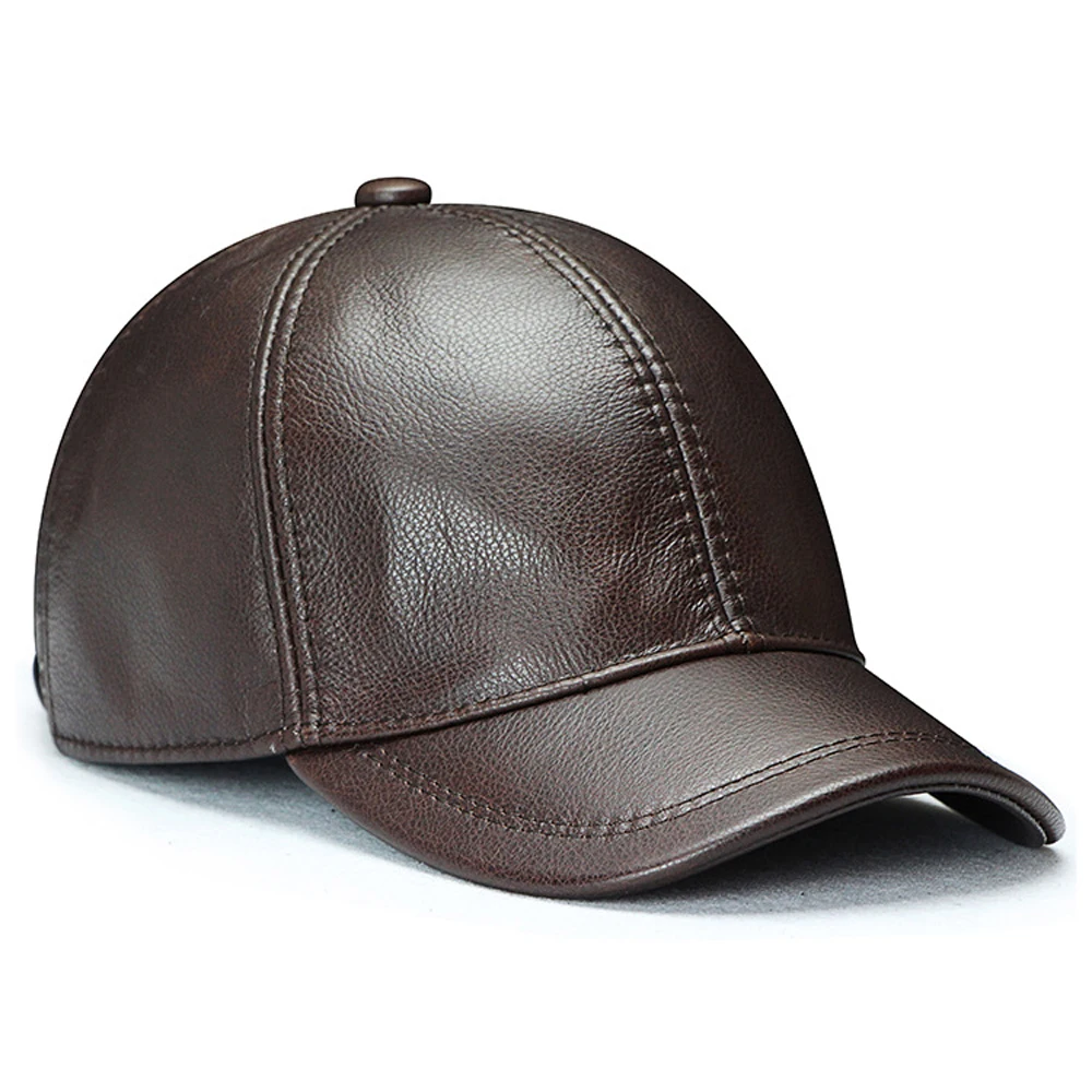 Men Real Cowhide Leather Earlap Caps Male Fall Winter 100% Real Cow Leather Hats New Casual Real Leather Outdoor Baseball Cap 4