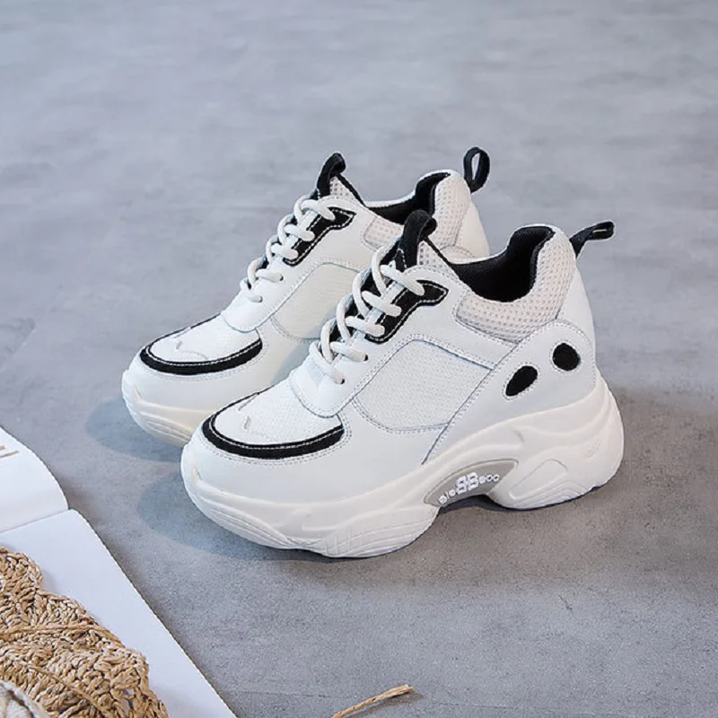 SWYIVY Split Leather Casual Shoes Women Sneakers New Autumn Shallow Chunky Sneakers For Women Solid Med Heel Ladies Shoe - Color: Black