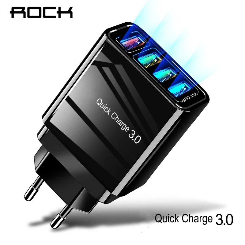 ROCK быстрое зарядное устройство QC 3,0 Быстрая зарядка 4 порта USB настенное зарядное устройство адаптер ЕС мобильный телефон для iPhone huawei samsung Redmi Note 7