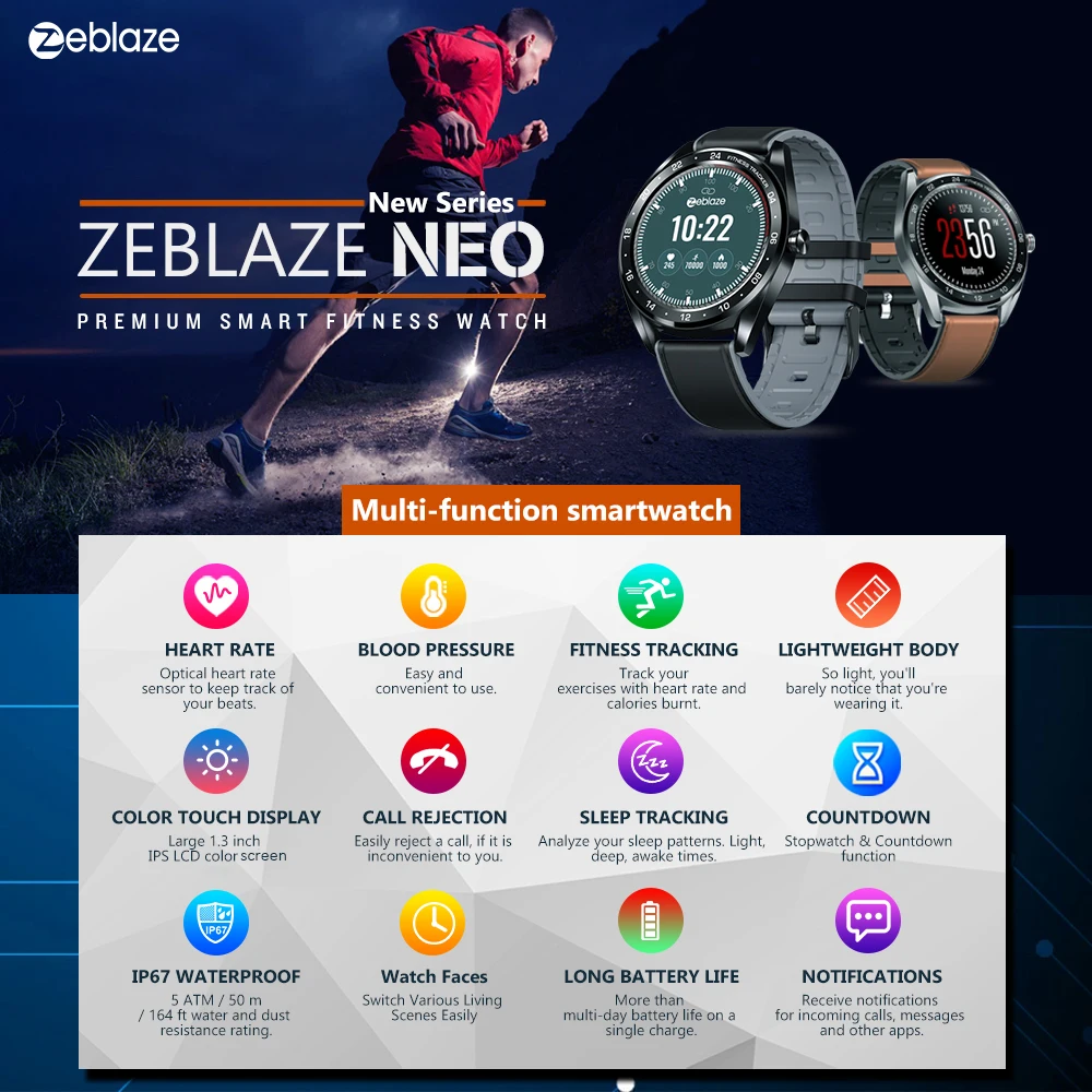 Смарт-часы Zeblaze NEO, 1,3 дюймов, ips экран, наручные часы, пульсометр, измеритель артериального давления, секундомер, удаленная камера, умные часы для мужчин