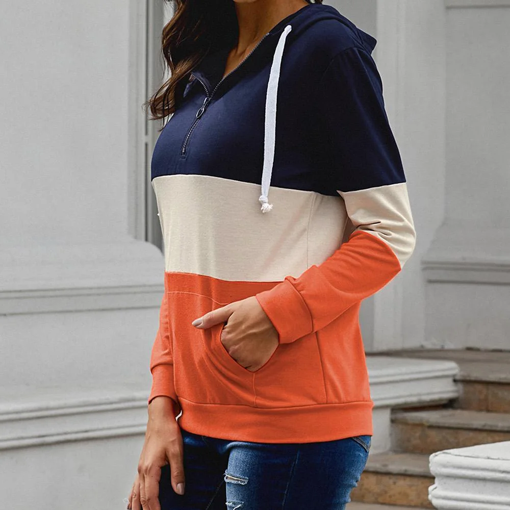 Orange Boho Женские повседневные спортивные толстовки Новая мода Простой карман на молнии лоскутное худи дружбы Женская худи вечерние оптом - Цвет: Orange