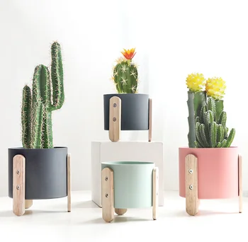 

Creative Macaron Flower Pot Garden Decoration Nordic Wrought Iron Succulent Plant Frame Solid Wood Tripod Pots For Flowers