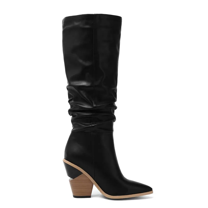QUTAA/ г. Новая осенне-зимняя женская обувь из PU искусственной кожи без застежки модные плиссированные сапоги до колена с острым носком на квадратном каблуке размер 34-43