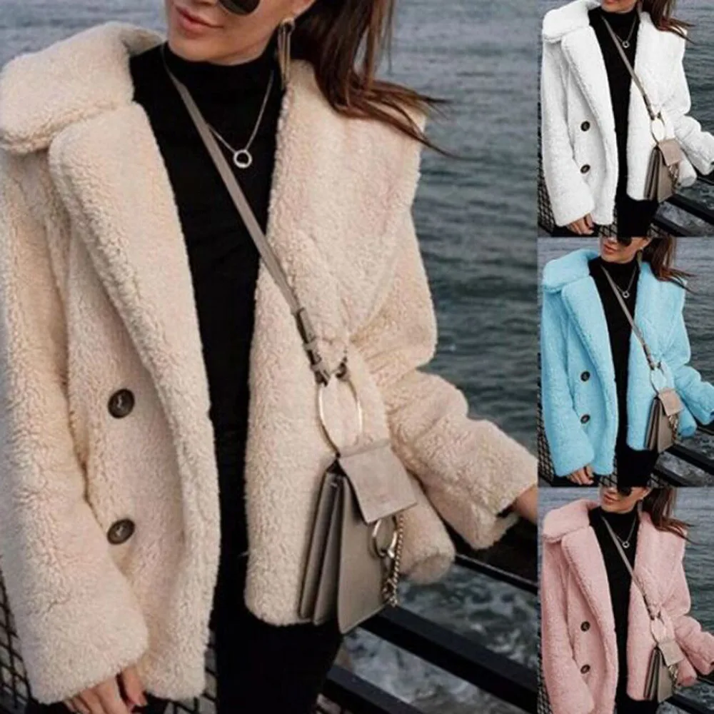 Женское пальто из искусственного меха, осенне-зимняя пушистая плюшевая куртка, пальто размера плюс, верхняя одежда с длинным рукавом, Короткое женское пальто с отложным воротником, Прямая поставка