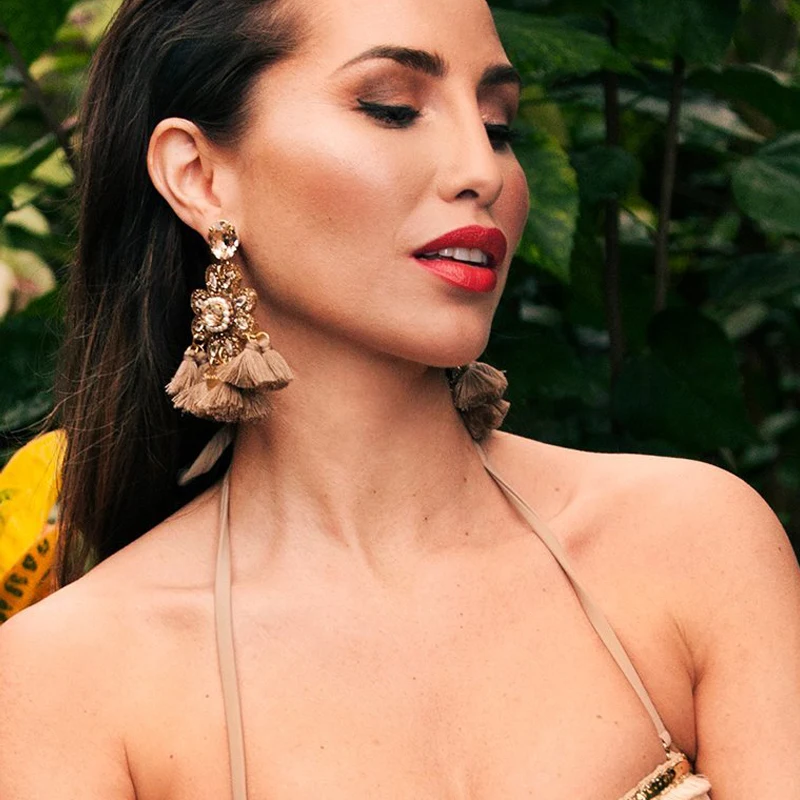 

AOTEMAN 2019 Luxury Rhinestone Fashion Flower Handmade Fringed Tassel Statement Earrings for Women Boho Bijoux Earring Jewelry