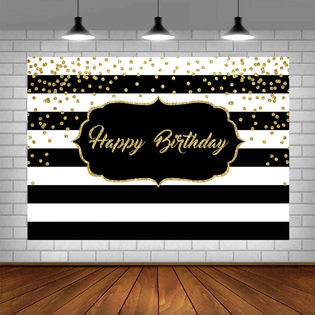 Фон для фотосъемки в черно-белую полоску с золотыми блестящими точками вечеринки