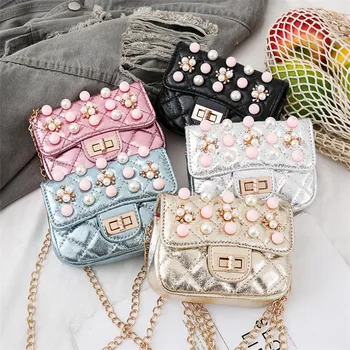 

KAFVNIE Fashion Children Handbag Girl Shoulder Bag Flower Glitter Metal chain Bucket Kid Flap Bag Shiny Party Baby Purse Gift