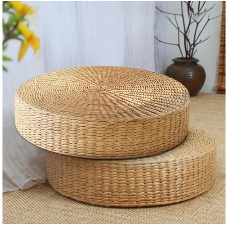 

Hot 40cm*40cm Natural Straw Round Pouf Tatami Cushion Weave Handmade Pillow Floor Japanese Style Cushion with Silk Wadding