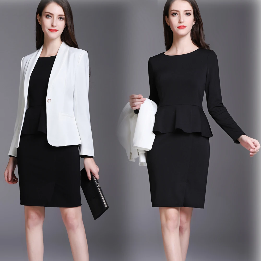 Деловая Женская офисная одежда, пиджак и платье, 2 комплекта, осень и зима, длинный рукав, увеличенный размер, женские костюмы, офисные комплекты
