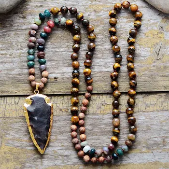 High End Tiger Eye Onyx Stone Gilded Arrowhead Pendant Necklace Women Natural Stone Bead Chain Necklace Jewelry Dropshipping