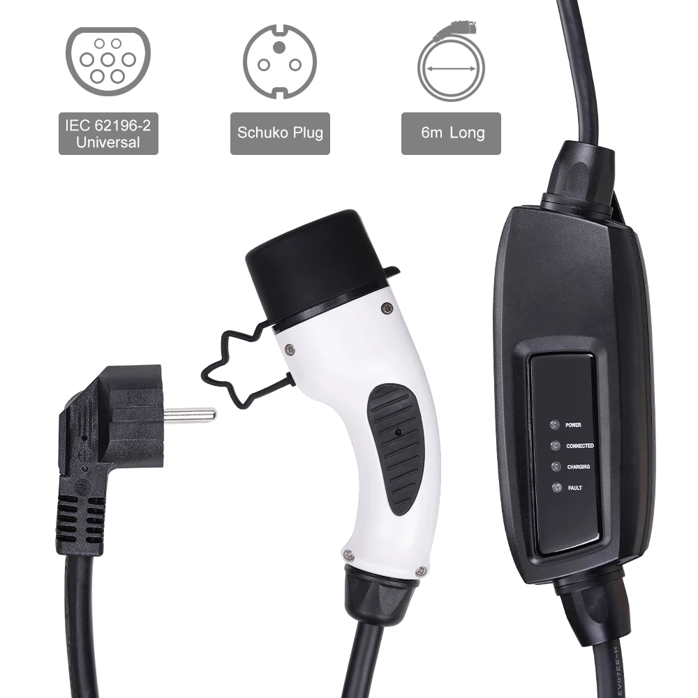  6M Level 2 EV Charger Plug Cable Portable EVSE 16A Schuko Connector Universal IEC 62196-2 Type 2 El