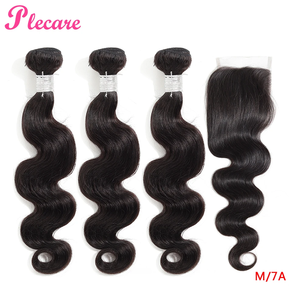 

Plecare Bundles With Closure Brazilian Hair Weave Bundles Body Wave Human Hair Natural Color Middle Ratio 8-30 Inch Non Remy