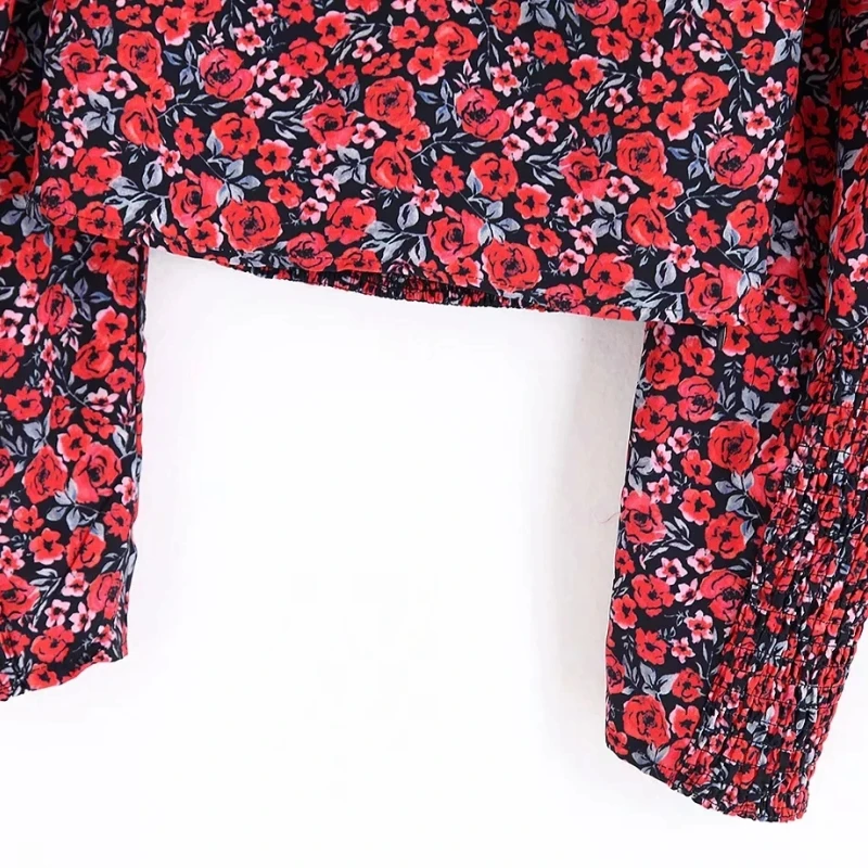 Flower Printingt Square Collar Women Slim Shirt Crop Tops Autumn Leisure Lady Puff Sleeve Blouse S6569