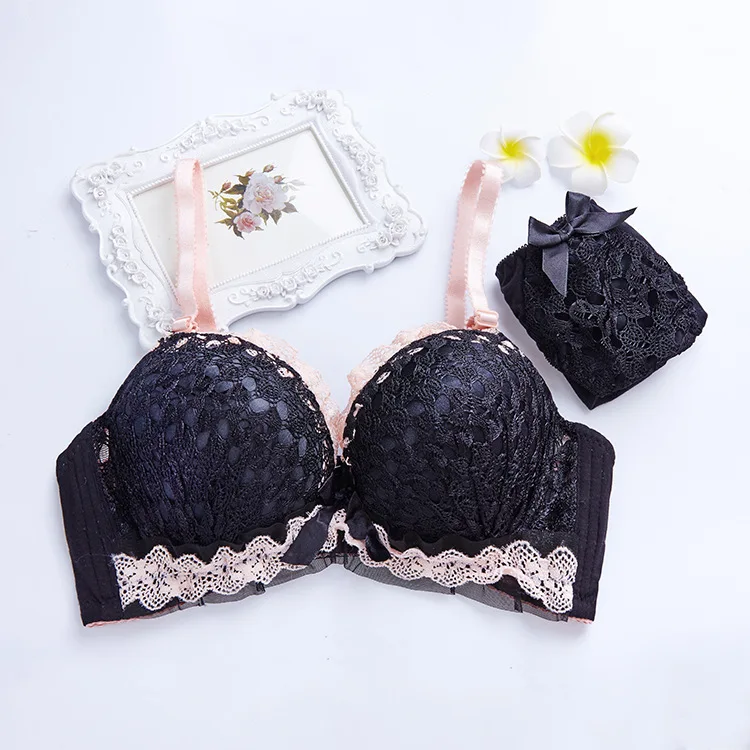 cute underwear sets New Push Up Black Sexy Bra Set Wireless Brassiere Set Eyelash Deep V Bras Lace Lingerie Set Embroidery Women Underwear Panties bra panty sets