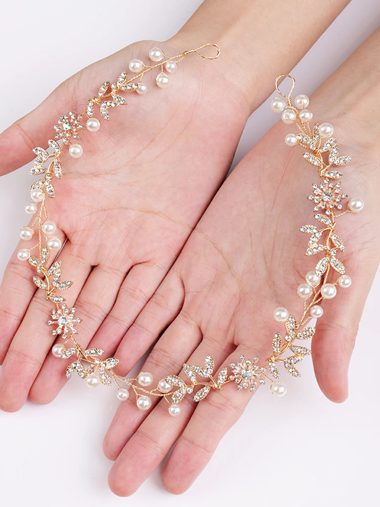 Bridal Rhinestone Flower Tiara Headbands Pearl Hair Jewelry Wedding Hair Accessories Handmade Prom Piece
