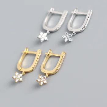 

100% Real 925 Sterling Silver Flower U Shape Clip On Earrings Delicate Zircon Shiny Earrings for Women Girls Fine Jewelry