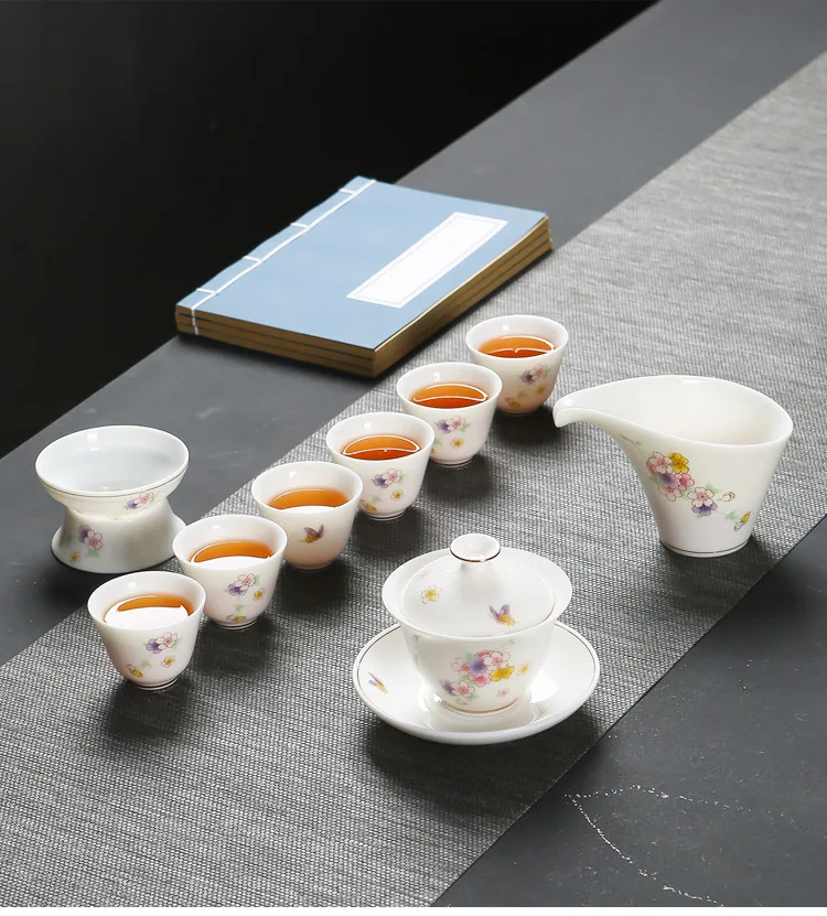 Dehua Ceramic Whiteware Manufacturers White Jade Porcelain Gold Foil Top Grade Business Gift Ceramic Kung Fu Travel Tea Set Whol