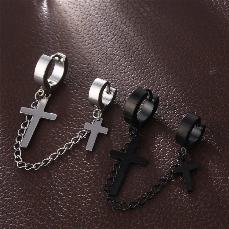 Ear Clip Earrings Titanium Steel Cross Fake Piercing For Men Fashion Chain Tassel For Women Girls