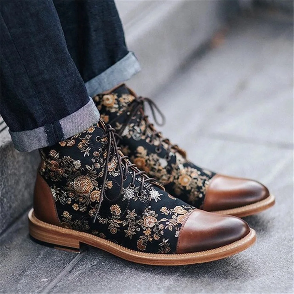 MRCAVE Men Boots Fashion Round Toe Botas Lace Up Pu Leather Shoes Zapatos De Hombre Winter Mens Booties Floral Print Ankle Boots