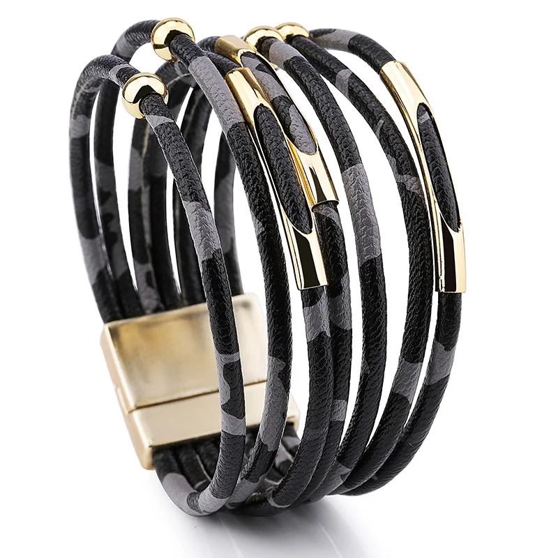 ZG леопардовые кожаные браслеты для женщин браслеты и браслеты модные элегантные многослойные, в стиле бохо широкий браслет ювелирные изделия - Окраска металла: gray