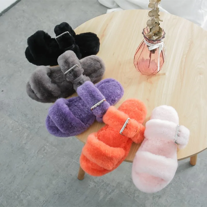 

Millffy wool fur Summer ladies sandals plush adjustable buckle wool shoes comfortable fashion slippers pink purple grey shoes