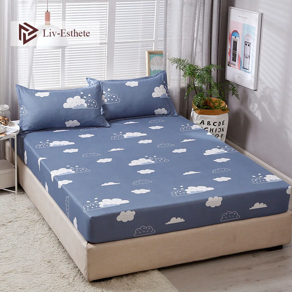 

Liv-Esthete Fashion Cloud Polyester Fitted Sheet Blue Pillowcase Soft Mattress Cover Bed Linen Bed Sheet On Elastic Band