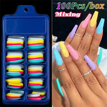 

100Pcs/Set Mix Candy Color False Nail Tips Full Cover Matte Acrylic Ballerina Fake Nails Tip DIY Beauty Manicure Extension Tools