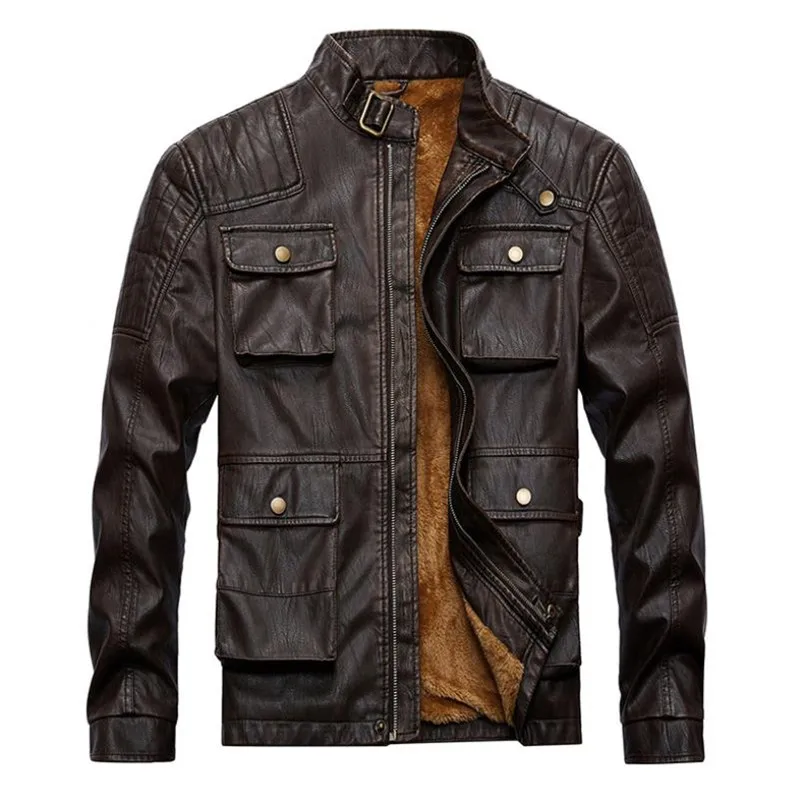 

High quality autumn and winter new men's leather jacket velvet jacket plus PU leather coat multi-pocket motorcycle jacket