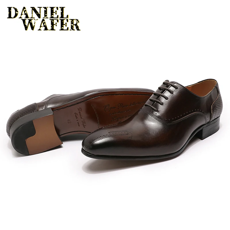 2020 WINTER LUXURY MEN GENUINE LEATHER SHOES MEN LACE UP OFFICE BUSINESS SHOES FORMAL BROGUE POINTED TOE OXFORDS WEDDING SHOES