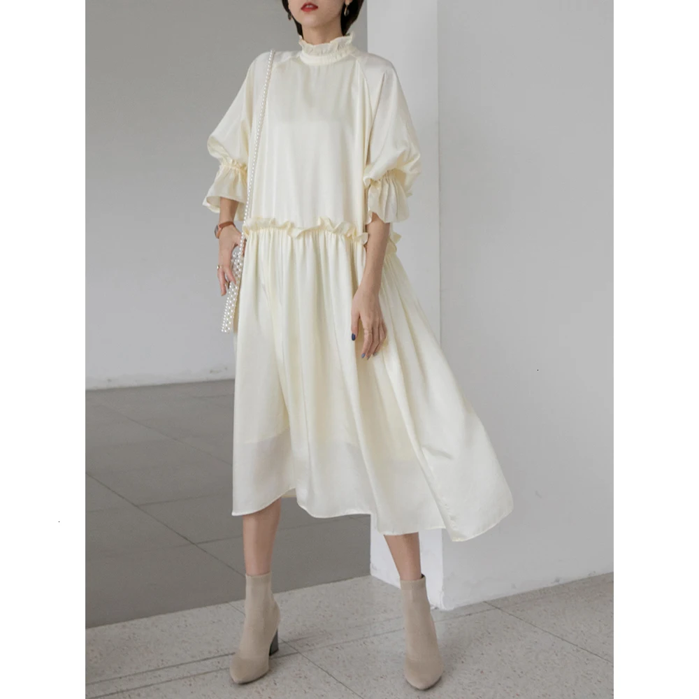 Stand Collar Women Dress Korean Style Solid Color Cotton Ladies Dress Autumn and Winter New Women Clothing L946