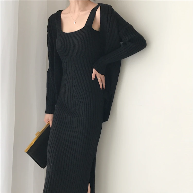 Autumn and winter new versatile slim fashion sexy knit cardigan suit strap dress women's autumn and winter foreign two-piece women