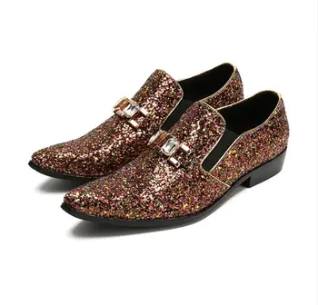 

Slip-on Men's New Fashion Oxfords Dress Shoes Glitter Genuine Leather High Top Wedding Shoes Business Office Flat Oxfords shoes