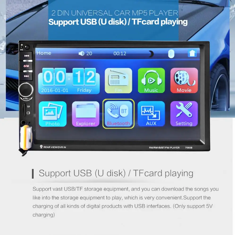 7 дюймов HD сенсорный экран 2 Din Bluetooth аудио стерео FM MP5 плеер Поддержка AUX/USB/TF/телефон с камерой заднего вида
