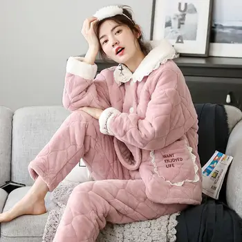 

Women Pajamas Sets Autumn Winter Flannel Three-layer Thickening Sleepwear Pants Pajamas Suits Home Suits Pyjama Female 2020