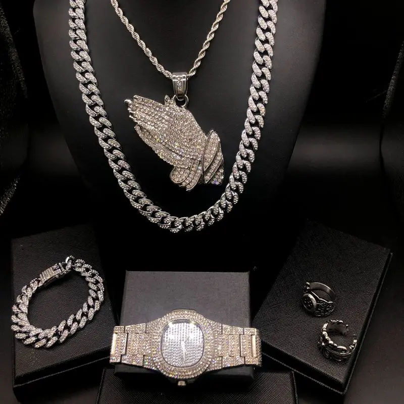 Роскошные мужские часы Замороженные кубинские хип-хоп Часы& Будда ожерелье& браслет& кольцо сочетание мужской ювелирный набор